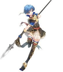 Rule 34 | 1girl, armor, belt, blue eyes, blue hair, blue thighhighs, boots, breastplate, dress, elbow gloves, feather trim, female focus, fingerless gloves, fingernails, fire emblem, fire emblem: the binding blade, fire emblem heroes, full body, gloves, gold trim, highres, holding, holding polearm, holding spear, holding weapon, matching hair/eyes, miwabe sakura, nintendo, official alternate costume, official art, open mouth, polearm, shanna (fire emblem), short dress, short hair, short sleeves, shoulder armor, skirt, smile, solo, spear, thigh boots, thighhighs, transparent background, weapon, zettai ryouiki