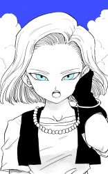 Rule 34 | 1girl, android 18, arm at side, black gloves, blue eyes, blue sky, blue theme, bracelet, breasts, cloud, cloudy sky, collarbone, commentary, day, dragon ball, dragonball z, earrings, expressionless, eyelashes, floating hair, gloves, hand in own hair, hand up, highres, hoop earrings, jewelry, jitome, looking at viewer, medium breasts, monochrome, necklace, open mouth, outdoors, pearl necklace, shirt, short hair, short sleeves, sky, solo, spot color, symbol-only commentary, teeth, tkgsize, tongue, upper body, upper teeth only, waistcoat, white shirt