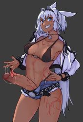 Rule 34 | 1girl, animal ears, belt, bikini, black bikini, blue eyes, body markings, breasts, caenis (fate), collarbone, commentary, commission, condom, cowboy shot, cum, cum string, dark-skinned female, dark skin, denim, denim shorts, english commentary, erection, fate/grand order, fate (series), futanari, grey background, grin, hair intakes, hand on own hip, has bad revision, has censored revision, highres, holding, holding condom, huge penis, jacket, jewelry, large penis, long sleeves, looking at viewer, md5 mismatch, medium breasts, multiple condoms, navel, off shoulder, penis, resolution mismatch, ring, short shorts, shorts, simple background, smile, solo, source smaller, swimsuit, todding, uncensored, used condom, white hair, white jacket