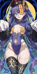 Rule 34 | 1girl, absurdres, aqua eyes, black thighhighs, blue leotard, blue ribbon, blue skin, blush, breasts, cameltoe, chinese clothes, cleft of venus, clothing cutout, colored skin, commentary, covered navel, ebora, english commentary, fate/extra, fate/extra ccc, fate/grand order, fate (series), hat, hat ornament, highres, jiangshi, jiangshi costume, leotard, long hair, looking at viewer, meltryllis (fate), navel, navel cutout, ofuda, ofuda on head, ofuda on nipples, outstretched arms, pasties, purple hair, purple hat, revealing clothes, ribbon, scar, scar on arm, scar on chest, scar on face, sleeves past fingers, sleeves past wrists, small breasts, solo, talisman, thighhighs, tongue, tongue out, twintails, zombie pose