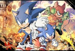 Rule 34 | 3boys, aimf, animal ears, avatar (sonic forces), black eyes, dated, destruction, fire, furry, furry male, gloves, green eyes, green footwear, green gloves, male focus, multiple boys, multiple persona, red footwear, shoes, sneakers, sonic (series), sonic forces, sonic the hedgehog, white gloves, wolf ears