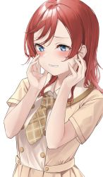 Rule 34 | 1girl, blue eyes, blush, brown necktie, buttons, clenched teeth, collared shirt, commentary, double-breasted, embarrassed, hands on own cheeks, hands on own face, highres, looking at viewer, love live!, love live! superstar!!, necktie, plaid necktie, red hair, shinyoujurin, shirt, short sleeves, simple background, skirt, solo, swept bangs, teeth, upper body, white background, yellow shirt, yellow skirt, yoneme mei