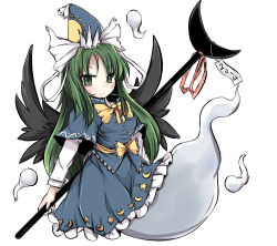 Rule 34 | 10s, 1girl, 2014, bad id, bad pixiv id, crescent, demon wings, frown, ghost tail, green eyes, green hair, hat, hitodama, long hair, long sleeves, looking at viewer, matching hair/eyes, mima (touhou), ribbon, satorichan, simple background, skirt, skirt set, solo, staff, star (symbol), sun symbol, touhou, touhou (pc-98), white background, wings, wizard hat