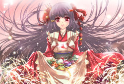 Rule 34 | 1girl, apron, blush, breasts, carrot, eggplant, flower, glint, gradient background, hair flower, hair ornament, harvest, japanese clothes, light particles, long hair, looking at viewer, origami, original, paper crane, pink background, purple hair, red eyes, riria, skirt basket, smile, solo, sparkle, wheat