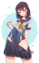 Rule 34 | 1girl, blue eyes, brown hair, clothes pull, competition swimsuit, covered navel, dated, fangxiang cuoluan, hair ornament, hairclip, highres, one-piece swimsuit, original, pleated skirt, polka dot, polka dot background, school swimsuit, school uniform, see-through, serafuku, shirt pull, short hair, simple background, skirt, smile, solo, swimsuit, swimsuit under clothes, uniform, wet, wet clothes