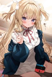 Rule 34 | 1girl, :t, bed, blonde hair, blue eyes, blue jacket, blush, breasts, commentary request, feet out of frame, frills, hair ribbon, highres, index finger raised, indoors, jacket, kanda done, long hair, looking at viewer, medium breasts, neck ribbon, nintendo switch, off shoulder, original, pout, red ribbon, ribbon, shirt, sitting, solo, sweat, thighs, two side up, v-shaped eyebrows, very long hair, white ribbon, white shirt