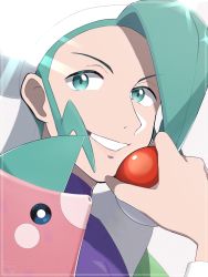 Rule 34 | 1boy, aqua vest, capelet, commentary request, creatures (company), game freak, gen 3 pokemon, green eyes, green hair, grin, gym leader, hand up, hat, highres, holding, holding poke ball, jeri20, luvdisc, male focus, nintendo, poke ball, poke ball (basic), pokemon, pokemon (creature), pokemon oras, purple shirt, shirt, skin tight, smile, upper body, wallace (pokemon), white capelet, white headwear