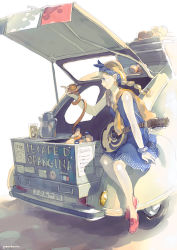 Rule 34 | 1girl, artist name, blonde hair, blue dress, blue eyes, blue skirt, bottle, bracelet, braid, car, cup, dress, drinking glass, earrings, food, france, french braid, french flag, french text, fruit, guitar, hairband, head scarf, instrument, jewelry, long hair, mandolin, motor vehicle, on vehicle, orange (fruit), orangina, original, pomodorosa, pot, product placement, profile, refrigerator, shoes, sitting, skirt, smile, solo, sweater, twin braids, vehicle