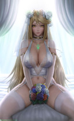 Rule 34 | 1girl, bare shoulders, bed sheet, blonde hair, bouquet, breasts, bridal veil, bride, chest jewel, choker, cleavage, closed mouth, covered erect nipples, curtains, elbow gloves, flower, frilled choker, frills, garter straps, gem, gloves, headpiece, highres, holding, holding bouquet, large breasts, limgae, long hair, looking at viewer, mythra (xenoblade), navel, rose, sitting, swept bangs, thick thighs, thighhighs, thighs, tiara, veil, white flower, white rose, white thighhighs, xenoblade chronicles (series), xenoblade chronicles 2, yellow eyes