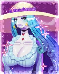 Rule 34 | 1girl, black choker, blue dress, blue hair, breasts, charlotte amande, choker, cigarette, commentary, dress, earrings, eyelashes, flower, green eyes, hat, heart, highres, jewelry, large breasts, long hair, looking at viewer, one piece, purple background, purple flower, purple rose, rose, solo, star (symbol), striped clothes, striped dress, upper body, vertical-striped clothes, vertical-striped dress, very long hair, washiko