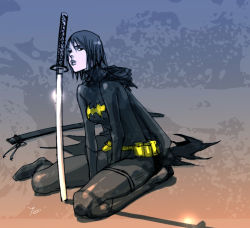 Rule 34 | 1girl, 89g, batman (series), black bat, black hair, cape, cassandra cain, dc comics, sword, weapon
