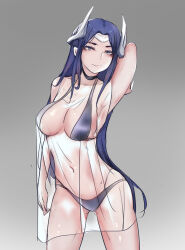 Rule 34 | 1girl, absurdres, alternate costume, arm at side, arm up, armpits, arms behind head, bikini, blue hair, breasts, closed mouth, collar, cowboy shot, dress, expressionless, eyebrows, eyelashes, female focus, gradient background, grey background, grey eyes, hair ornament, highres, irelia, large breasts, league of legends, long hair, looking at viewer, navel, purple bikini, simple background, sleeveless, sleeveless dress, smile, solo, standing, swimsuit, tnt (pixiv8487740), transparent dress, two-tone background, wet, wet clothes, white background