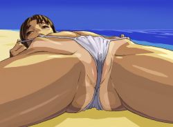 Rule 34 | 1girl, beach, blush, cameltoe, clitoris, erect clitoris, image sample, looking at viewer, lying, mokottsu, ocean, on back, outdoors, partially visible vulva, pixiv sample, resized, sand, self wedgie, sky, solo, spread legs, tan, tanline, wedgie