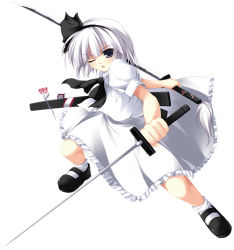 Rule 34 | 1girl, ;o, alternate color, black footwear, black hairband, black ribbon, buttons, dual wielding, female focus, fighting stance, flower, frilled skirt, frills, full body, grey eyes, hair ribbon, hairband, holding, katana, konpaku youmu, legs apart, looking at viewer, mary janes, neck ribbon, one eye closed, outstretched arms, player 2, puffy short sleeves, puffy sleeves, ribbon, scabbard, sheath, shirt, shoes, short hair, short sleeves, simple background, skirt, skirt set, socks, solo, standing, sword, tassel, tateha (marvelous grace), touhou, unsheathed, v-shaped eyebrows, weapon, white background, white hair, white shirt, white skirt, white socks