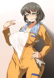 Rule 34 | 10s, 1girl, alternate skin color, blush, breasts, brown hair, cleavage, colored skin, covered erect nipples, cowboy shot, girls und panzer, gloves, gradient background, green eyes, hand on own hip, hoshino (girls und panzer), jumpsuit, large breasts, long sleeves, mechanic, open mouth, orange jumpsuit, pandain, parted lips, pink background, shirt, short hair, solo, standing, sweat, unzipped, wet, wet clothes, wet shirt, white gloves, white shirt, white skin