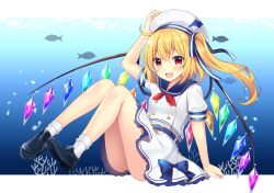 Rule 34 | 1girl, :d, alternate costume, bad id, bad twitter id, black footwear, blonde hair, blue sailor collar, bubble, coral, crystal, fish, flandre scarlet, full body, hat, highres, looking at viewer, medium hair, one side up, open mouth, red eyes, ruhika, sailor, sailor collar, sailor hat, short sleeves, skirt, smile, solo, touhou, water, white hat, white legwear, white skirt, wings