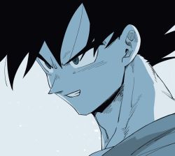 Rule 34 | 1boy, alternate eye color, aqua eyes, backlighting, black hair, blue theme, clenched teeth, close-up, dragon ball, dragonball z, facing viewer, grin, hair strand, kz (dbz kz), blue background, light particles, looking afar, male focus, monochrome, muted color, pectorals, simple background, smile, solo, son goku, spiked hair, teeth, upper body