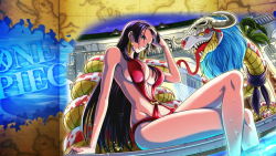 Rule 34 | 1girl, black hair, blue eyes, boa hancock, breasts, cleavage, female focus, large breasts, long hair, looking at viewer, one piece, sideboob, sitting, snake, solo, sun, tagme, water, world map