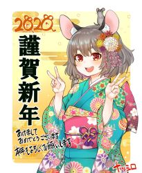 Rule 34 | 1girl, 2020, :d, animal ears, double v, floral print, flower, grey hair, hair flower, hair ornament, highres, japanese clothes, kimono, mouse (animal), mouse ears, natsushiro, nazrin, new year, open mouth, red eyes, short hair, simple background, smile, solo, touhou, v, wide sleeves