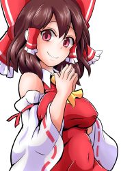 Rule 34 | 1girl, ascot, belly, blush, bow, breasts, brown hair, covered navel, detached sleeves, covered erect nipples, hair bow, hair tubes, hakurei reimu, highres, large bow, looking at viewer, medium breasts, medium hair, nioti, plump, red eyes, skirt, skirt set, smile, solo, steepled fingers, touhou, vest