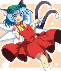 Rule 34 | 1girl, alternate costume, animal ears, blue eyes, blue hair, blush, bow, cat ears, cat tail, chen, chen (cosplay), cirno, cosplay, do (4-rt), hat, kemonomimi mode, loafers, looking at viewer, matching hair/eyes, multiple tails, nekomata, open mouth, paw pose, shirt, shoes, skirt, skirt set, smile, solo, standing, standing on one leg, tail, touhou, two tails, wings