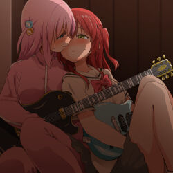 Rule 34 | 2girls, blue eyes, blush, bocchi the rock!, bow, breasts, commentary request, cube hair ornament, electric guitar, embarrassed, gibson les paul, gotoh hitori, guitar, hair between eyes, hair ornament, head on another&#039;s shoulder, highres, holding, holding instrument, imminent kiss, indoors, instrument, jacket, kagiana, kita ikuyo, leaning on person, legs folded, long hair, looking at another, medium breasts, medium hair, miniskirt, multiple girls, neckerchief, open mouth, pants, parted lips, pink hair, pink jacket, pink pants, pleated skirt, ponytail, red hair, school uniform, serafuku, side ponytail, sitting, skirt, small breasts, sweat, sweatdrop, thighs, track jacket, yellow eyes, yuri