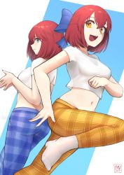Rule 34 | 2girls, absurdres, alternate costume, artist name, ass, back-to-back, blue bow, blue eyes, blue pants, bow, breasts, closed mouth, commentary request, fav faris, hair between eyes, hair bow, half updo, highres, hisui (tsukihime), kohaku (tsukihime), looking at another, medium breasts, midriff, multiple girls, navel, open mouth, own hands together, pajamas, pants, plaid, plaid pants, pocket, red hair, shirt, short hair, short sleeves, siblings, sisters, smile, socks, teeth, tsukihime, twins, upper teeth only, white legwear, white shirt, yellow eyes, yellow pants