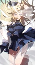 Rule 34 | 1girl, aizawa ema, arm up, bare shoulders, black choker, blonde hair, blue bow, blue dress, blue eyes, blue gloves, blue hair, bow, breasts, choker, covering own mouth, criss-cross halter, dress, floating hair, frilled choker, frilled dress, frills, gloves, gradient hair, halterneck, hand over own mouth, highres, large breasts, light blue hair, long hair, looking at viewer, multicolored hair, see-through, solo, soramick, thighs, very long hair, virtual youtuber, vspo!