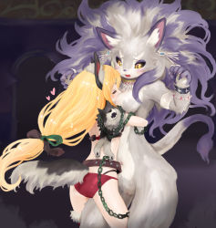 Rule 34 | 2girls, animal ears, arm around back, armlet, between legs, big hair, black sclera, blonde hair, body fur, breast smother, breasts, chain, colored sclera, closed eyes, face to breasts, facing another, fenrir knight, floating hair, furrowed brow, furry, hands up, headband, heart, height difference, highres, hug, isabella (seiken densetsu 3), long hair, looking at another, low-tied long hair, multiple girls, navel, no nipples, no pussy, nude, panties, pelt, purple hair, riesz, seiken densetsu, seiken densetsu 3, snout, stomach, tail, tashiro yuu, underwear, wolf, wolf ears, wolf head, wolf tail, yellow eyes, yuri