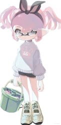 Rule 34 | 1girl, amezawa koma, arms at sides, black hairband, black ribbon, black shorts, bow hairband, closed mouth, clothes writing, commentary, dolphin shorts, full body, grey eyes, grey sweater, hair ribbon, hairband, heart, heart in eye, highres, holding, holding weapon, inkling, inkling (language), inkling girl, inkling player character, long sleeves, nintendo, pink hair, pink trim, pointy ears, ribbon, short hair, short twintails, shorts, sidelocks, simple background, solo, splatoon (series), standing, suction cups, sweater, symbol-only commentary, symbol in eye, tentacle hair, tri-slosher (splatoon), twintails, weapon, white background, yellow footwear