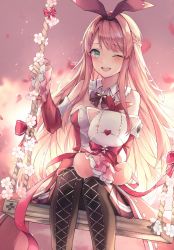 Rule 34 | 1girl, :d, absurdres, arcaea, blush, braid, highres, holding, holding stuffed toy, huge filesize, jeon yoa, kou (arcaea), long hair, looking at viewer, one eye closed, open mouth, pink hair, ribbon, smile, solo, stuffed toy, swing, very long hair