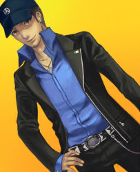 Rule 34 | 1boy, atlus, bad id, bad pixiv id, belt, brown eyes, brown hair, dutch angle, enk (mlrampy), facial hair, hand on own hip, hat, hip focus, iori junpei, jewelry, male focus, mlrampy, necklace, persona, persona 3, school uniform, short hair, sideburns, solo, stubble