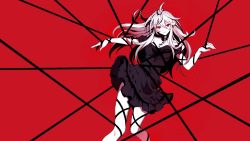 Rule 34 | 1girl, bad id, bad twitter id, bare shoulders, black dress, breasts, chain, cleavage, contrapposto, copyright request, dress, entangled, feet out of frame, floating hair, hair between eyes, highres, limited palette, long hair, looking at viewer, maruchi, pink hair, red background, red eyes, short dress, simple background, smile, solo, standing