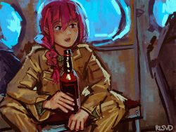 Rule 34 | 1girl, aircraft, alcohol, alternate costume, bocchi the rock!, bottle, braid, brown jacket, brown pants, camouflage, desert camouflage, green sweater, hair over shoulder, helicopter, helicopter interior, highres, hiroi kikuri, holding, holding bottle, jacket, low-braided long hair, low-tied long hair, military, military uniform, pants, purple eyes, purple hair, rlsvd, russia, russian army, sharp teeth, single braid, sitting, smile, solo, sweater, teeth, uniform