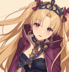 Rule 34 | 1girl, artist name, blonde hair, blush, breasts, collarbone, earrings, ereshkigal (fate), fate/grand order, fate (series), highres, jewelry, large breasts, long hair, looking at viewer, lucidsky, parted lips, red eyes, smile, solo, upper body