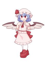 1girl alternate_wings ascot blackbad blue_hair brooch closed_mouth commentary deformed frilled_shirt frilled_skirt frills full_body hands_up hat highres jewelry mob_cap pantyhose pink_hat pink_shirt pink_skirt red_ascot red_eyes red_footwear remilia_scarlet ribbon-trimmed_headwear ribbon_trim shirt shoes short_sleeves simple_background single_wrist_cuff skirt skirt_set solo spread_wings standing touhou white_background white_pantyhose wings wrist_cuffs