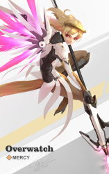 Rule 34 | 1girl, absurdres, alternate eye color, alternate wing color, armor, artist name, blonde hair, bodysuit, breasts, brown legwear, character name, copyright name, dated, evil smile, faulds, glowing, glowing wings, grey background, hair tie, halo, high ponytail, highres, holding, holding staff, licking lips, long hair, mechanical halo, mechanical wings, medium breasts, mercy (overwatch), open mouth, overwatch, overwatch 1, pelvic curtain, purple wings, red eyes, shou mai, signature, simple background, smile, solo, spread wings, staff, tongue, tongue out, upper body, white background, white bodysuit, wings