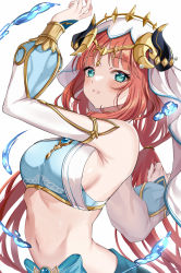 Rule 34 | 1girl, aqua eyes, arm up, bare shoulders, blue bow, bow, breasts, brooch, circlet, clothing cutout, crop top, dancer, detached sleeves, genshin impact, gold trim, harem outfit, harimoji, highres, horns, jewelry, long hair, long sleeves, looking at viewer, low twintails, medium breasts, navel, nilou (genshin impact), parted bangs, parted lips, puffy long sleeves, puffy sleeves, red hair, revision, sideboob, sidelocks, simple background, skirt, smile, solo, stomach, twintails, upper body, veil, water, white background, white headwear