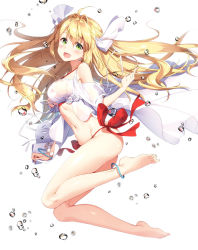 Rule 34 | 1girl, :d, ahoge, anklet, ass, bare legs, barefoot, bead bracelet, beads, bikini, blonde hair, blush, bow, bracelet, breasts, commentary request, earrings, fate/grand order, fate (series), feet, floating hair, full body, hair between eyes, hair bow, hair intakes, halterneck, hand up, highres, jewelry, long hair, looking at viewer, masuishi kinoto, medium breasts, nero claudius (fate), nero claudius (fate) (all), nero claudius (swimsuit caster) (fate), nero claudius (swimsuit caster) (third ascension) (fate), open mouth, plantar flexion, red bikini, see-through, sideboob, sidelocks, simple background, smile, solo, striped bikini, striped clothes, swimsuit, toes, twintails, very long hair, water drop, white background, white bikini, white bow