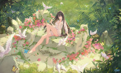 Rule 34 | 1girl, animal, arm support, atdan, bare legs, barefoot, bird, blush, breasts, brown eyes, brown hair, bug, butterfly, cleavage, closed mouth, commentary, day, dress shirt, english commentary, feet, flower, hair between eyes, hand up, insect, long hair, long sleeves, looking at viewer, medium breasts, original, outdoors, pink flower, pink rose, purple flower, purple rose, rose, shirt, signature, sitting, smile, solo, very long hair, white shirt