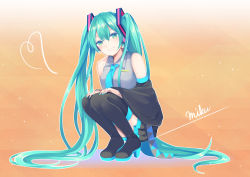 Rule 34 | 1girl, aqua eyes, aqua hair, aqua nails, black thighhighs, blush, boots, character name, detached sleeves, hatsune miku, heart, highres, long hair, looking at viewer, mameda (artist), nail polish, necktie, orange background, smile, solo, squatting, thigh boots, thighhighs, twintails, very long hair, vocaloid