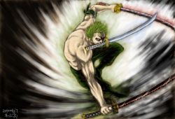 Rule 34 | 1boy, action, dual wielding, earrings, full body, green hair, holding, jewelry, katana, male focus, manly, mouth hold, muscular, one piece, roronoa zoro, topless male, short hair, solo, sword, triple wielding, wanio, weapon