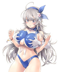 Rule 34 | 1boy, 1girl, 1other, ahoge, blue one-piece swimsuit, blush, bracelet, grabbing another&#039;s breast, breasts, competition swimsuit, deep skin, embarrassed, flower, gloves, gluteal fold, grabbing, grabbing from behind, grey hair, groin, groping, hair flower, hair ornament, hairband, hetero, highleg, highleg swimsuit, highres, jewelry, kantai collection, large breasts, long hair, one-piece swimsuit, open mouth, sakana (flame sakana), simple background, solo focus, striped, sweat, swimsuit, vertical stripes, washington (kancolle), white background, white gloves