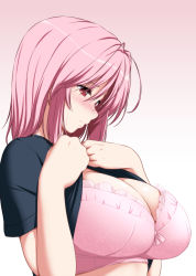 Rule 34 | 1girl, black shirt, blush, bra, breasts, clothes lift, commentary request, embarrassed, eyes visible through hair, from side, gradient background, hair between eyes, hands up, highres, large breasts, lifting own clothes, looking away, looking down, no headwear, nori tamago, nose blush, pink background, pink bra, pink hair, red eyes, saigyouji yuyuko, shirt, shirt lift, short hair, short sleeves, simple background, solo, sweatdrop, touhou, underwear, upper body