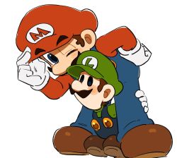 Rule 34 | 2boys, blue eyes, blue overalls, brown hair, facial hair, gloves, green shirt, hat, highres, luigi, male focus, mario, mario (series), mimimi (mimimim9999), multiple boys, mustache, nintendo, overalls, red hat, shirt, short hair, white gloves