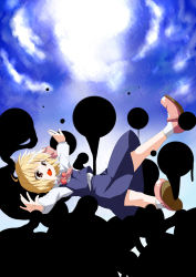Rule 34 | 1girl, :d, bare legs, black skirt, blonde hair, blouse, buttons, cloud, ascot, darkness, dress shirt, floating, flying, hair ribbon, happy, highres, long skirt, long sleeves, mary janes, open mouth, outstretched arms, red eyes, red footwear, red ribbon, ribbon, rumia, shirt, shoes, short hair, skirt, sky, smile, socks, spread arms, touhou, vest, white shirt, white shirt, wing collar, you shugyouchuu