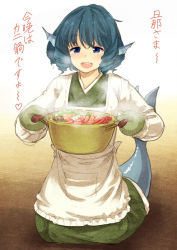 Rule 34 | 1girl, animal ears, apron, blue eyes, blue hair, blush, drill hair, fins, food, head fins, housewife, japanese clothes, kappougi, kimono, long sleeves, looking at viewer, matching hair/eyes, mermaid, monster girl, open mouth, oven mitts, pot, short hair, smile, solo, text focus, touhou, translation request, urin, wakasagihime