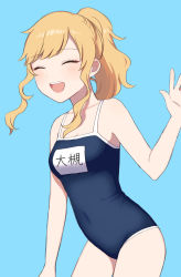 Rule 34 | 1girl, arm up, bare arms, bare shoulders, blonde hair, blue background, blue one-piece swimsuit, blush, breasts, chiyoko (tykchiyo), closed eyes, collarbone, commentary request, highres, idolmaster, idolmaster cinderella girls, medium breasts, ohtsuki yui, one-piece swimsuit, ponytail, school swimsuit, sidelocks, simple background, smile, solo, swimsuit, teeth, translation request, upper teeth only, wavy hair