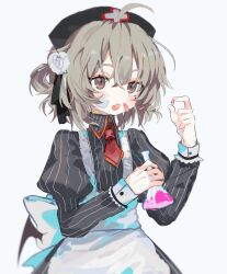 Rule 34 | 1girl, ahoge, alternate costume, apron, bandaid, bandaid on face, bandaid on neck, beaker, black ribbon, blush, bow, brown eyes, buttoned cuffs, buttons, collared dress, cross, dress, erlenmeyer flask, fang, flask, flower, grey dress, hair flower, hair ornament, hair ribbon, hands up, hat, hatoba tsugu, highres, holding, holding pill, juliet sleeves, light brown hair, long sleeves, looking at viewer, mole, mole under eye, necktie, nurse, nurse cap, open mouth, puffy sleeves, red cross, red necktie, ribbon, rose, short hair, simple background, single hair ring, skin fang, solo, striped clothes, striped dress, tsugu (vtuber), upper body, vertical-striped clothes, vertical-striped dress, virtual youtuber, wabun, waist bow, white apron, white background, white bow, white flower, white rose
