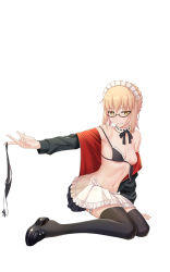 Rule 34 | 1girl, absurdres, apron, arm support, artoria pendragon (alter swimsuit rider) (fate), artoria pendragon (alter swimsuit rider) (second ascension) (fate), artoria pendragon (fate), bikini, bikini bottom only, bikini skirt, black bikini, black bow, black footwear, black jacket, black skirt, black thighhighs, blonde hair, bow, bowtie, braid, breasts, brown-framed eyewear, crown braid, er ci gudu, fate/grand order, fate (series), frilled bikini, frills, full body, glasses, hair in own mouth, highres, holding, holding bikini, holding bikini bottom, holding clothes, holding swimsuit, jacket, loafers, looking at viewer, maid, maid bikini, maid headdress, medium breasts, miniskirt, navel, no nipples, off shoulder, open clothes, open jacket, red jacket, semi-rimless eyewear, shoes, short hair, simple background, sitting, skirt, solo, stomach, swimsuit, thighhighs, unconventional maid, under-rim eyewear, untied bikini, waist apron, white apron, white background, yellow eyes